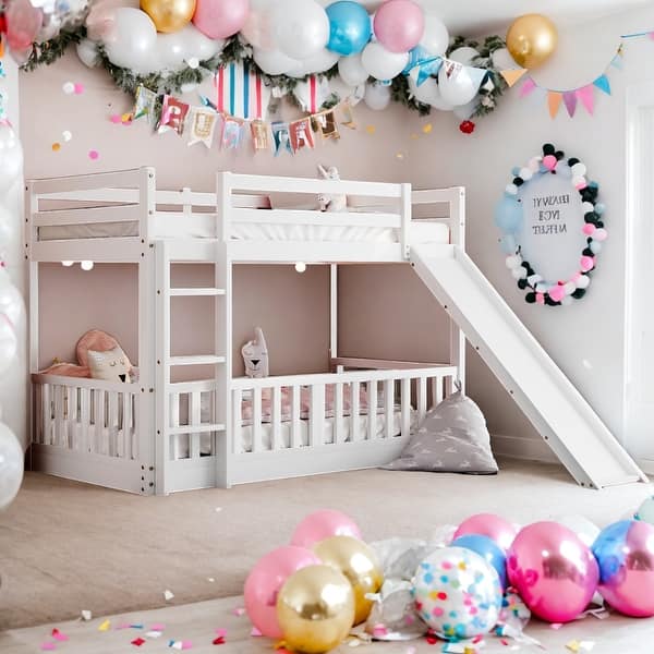 slide 2 of 13, Twin Over Twin Bunk Bed with Slide and Ladder, Muti-Functional Bunk Bed, White White