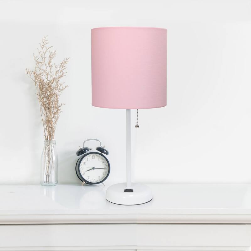 19.5 in. White Finish Table Lamp with Pink Shade, Durable Stick Lamp for End/Side Tables, Set of 2