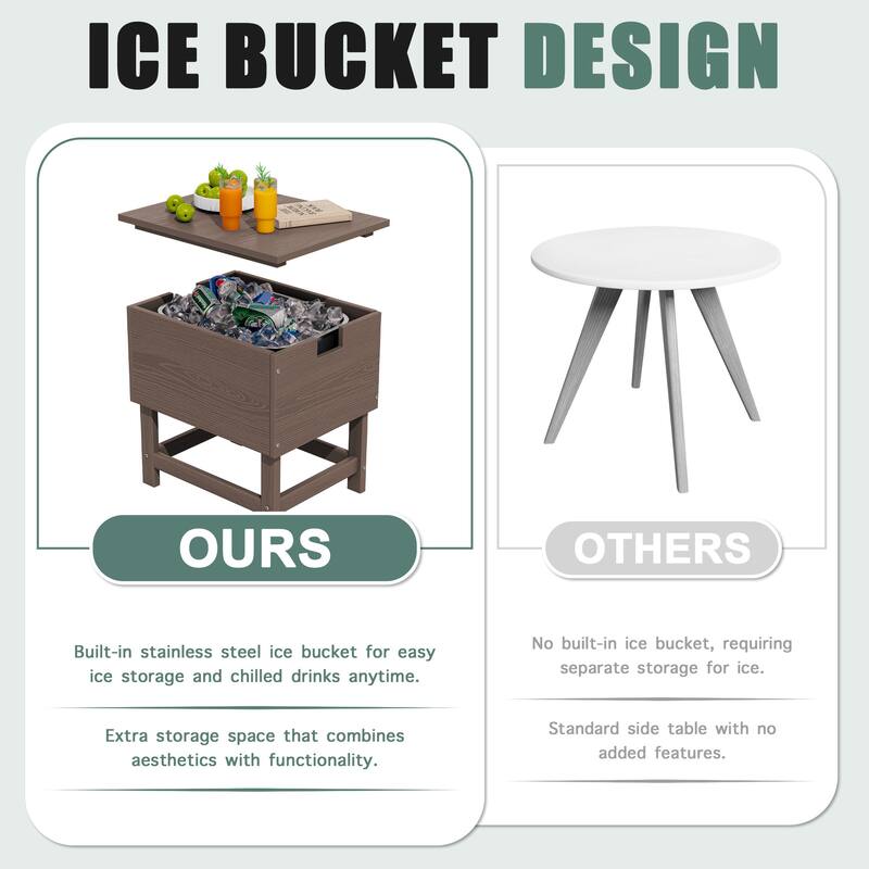 Outdoor Patio Weather Resistant HDPE Coffee & Side Table, Build-in Stainless Steel Cooler Bucket