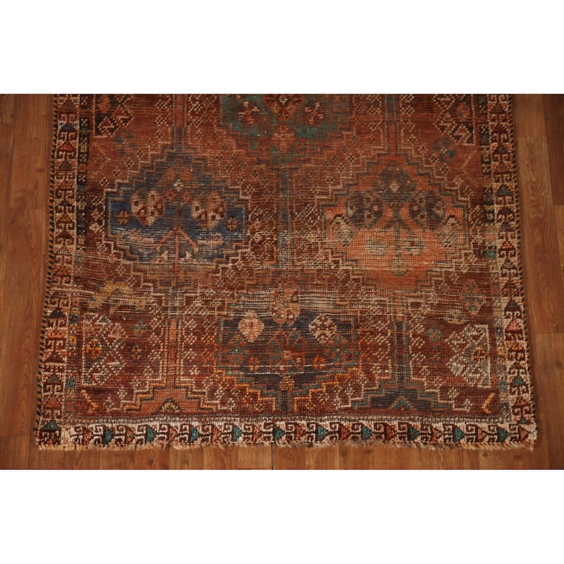 Distressed Qashqai Persian Antique Area Rug Hand-Knotted Wool Carpet - 4'1"x 8'2"