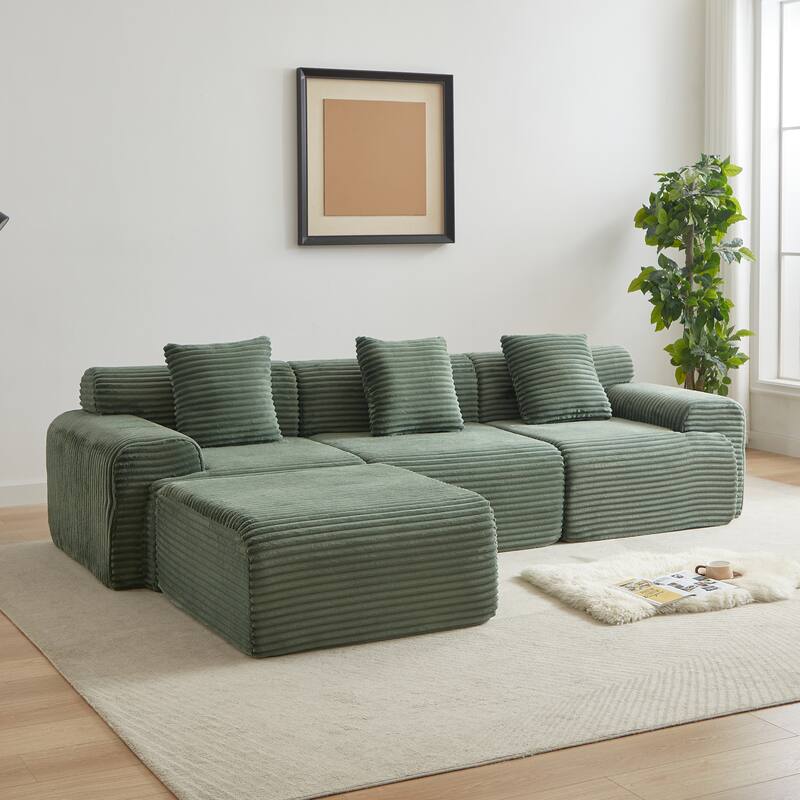 L-Shaped Modular Sectional Sofa with Ottoman, Corduroy Upholstered Boneless Couch, Deep Seat Sofa with Throw Pillows