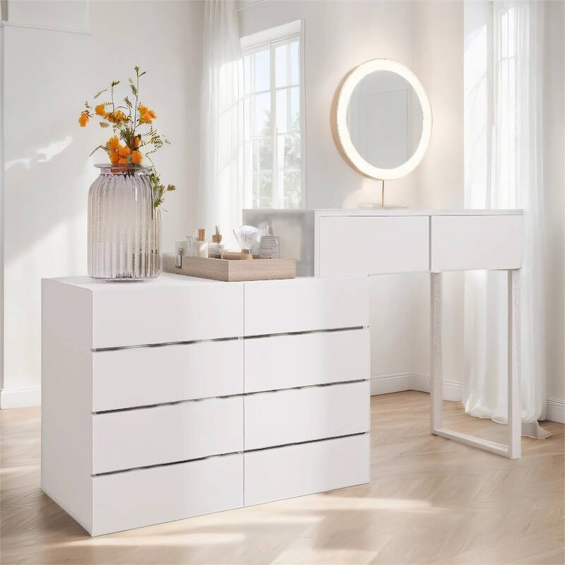 Extended Desktop 10 Drawers Chest without Handle White Color Vanity - White
