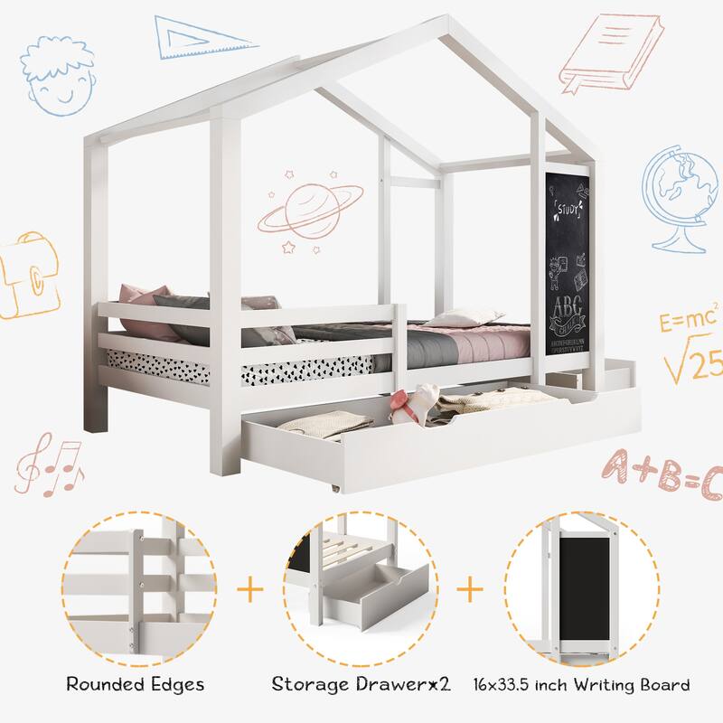 House Bed with Blackboard and Drawers, 2 Assembly Options