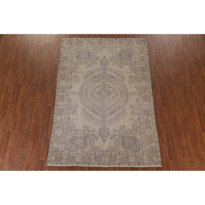 Hand Knotted Oriental 100% Wool Carpet Traditional Medallion Beige & Ivories Tabriz Area Rug - 9' 4'' X 6' 5''