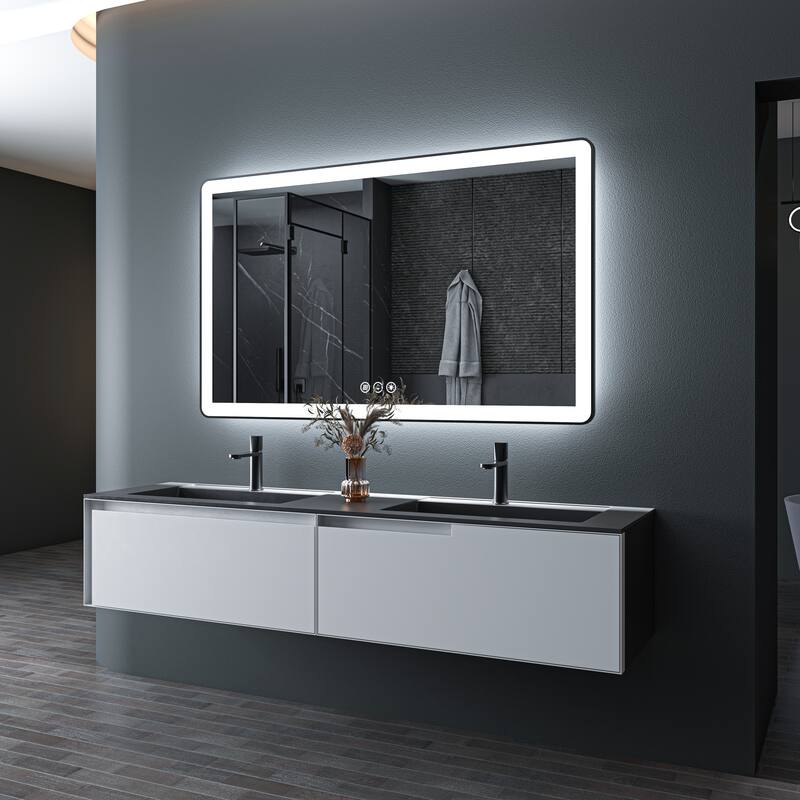 TOOLKISS Black Frame Anti-Fog Dimmable LED Light Vanity Bathroom Mirror with Backlit and Front Light
