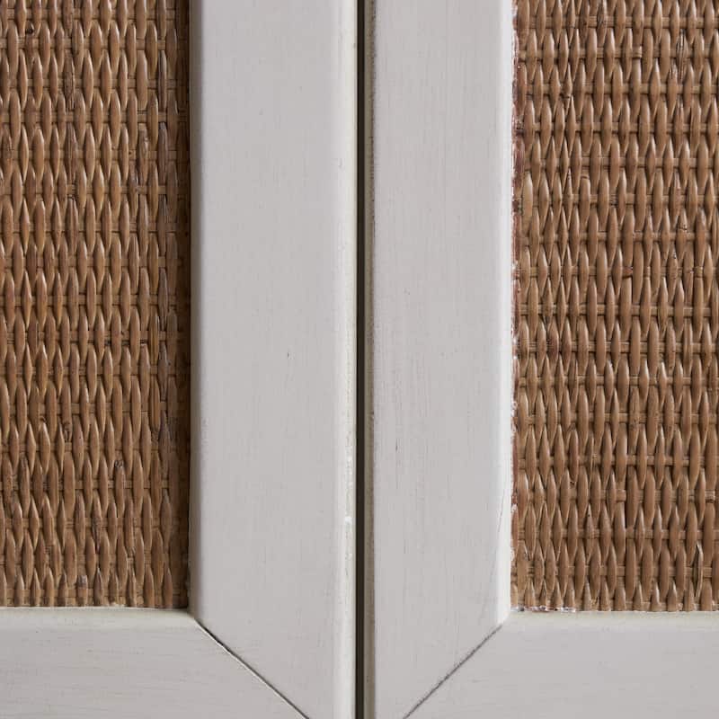 Wooden 4 Door Sideboard with Brown Woven Rattan Doors and Metal Base - White - Roche River Decor - 16"W x 60"L x 31"H