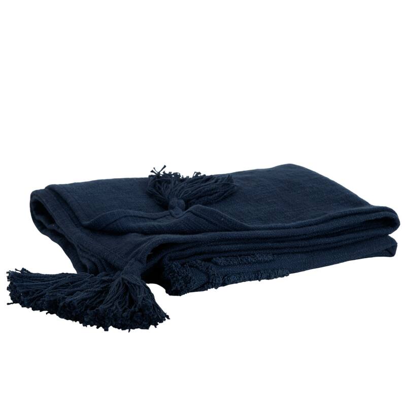 HomeRoots 50" X 60" Blue Cotton Woven Ikat Throw Blanket with Tassels