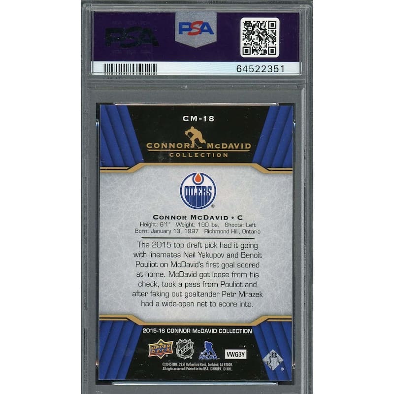 Connor McDavid 2015 Upper Deck Hockey Rookie Card RC #CM-18 Graded PSA 10 - 8'6" x 11'6"