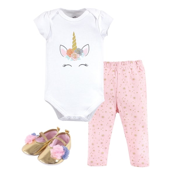 slide 1 of 1, Little Treasure Baby Girl Cotton Bodysuit, Pant and Shoe 3pc Set, Unicorn 0-3 Months - Unicorn