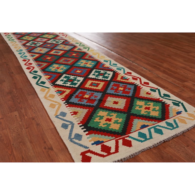Hand Woven Oriental 100% Wool Carpet Southwestern Geometric Multi-Colored Kilim Runner Rug - 13' 2'' X 2' 9''
