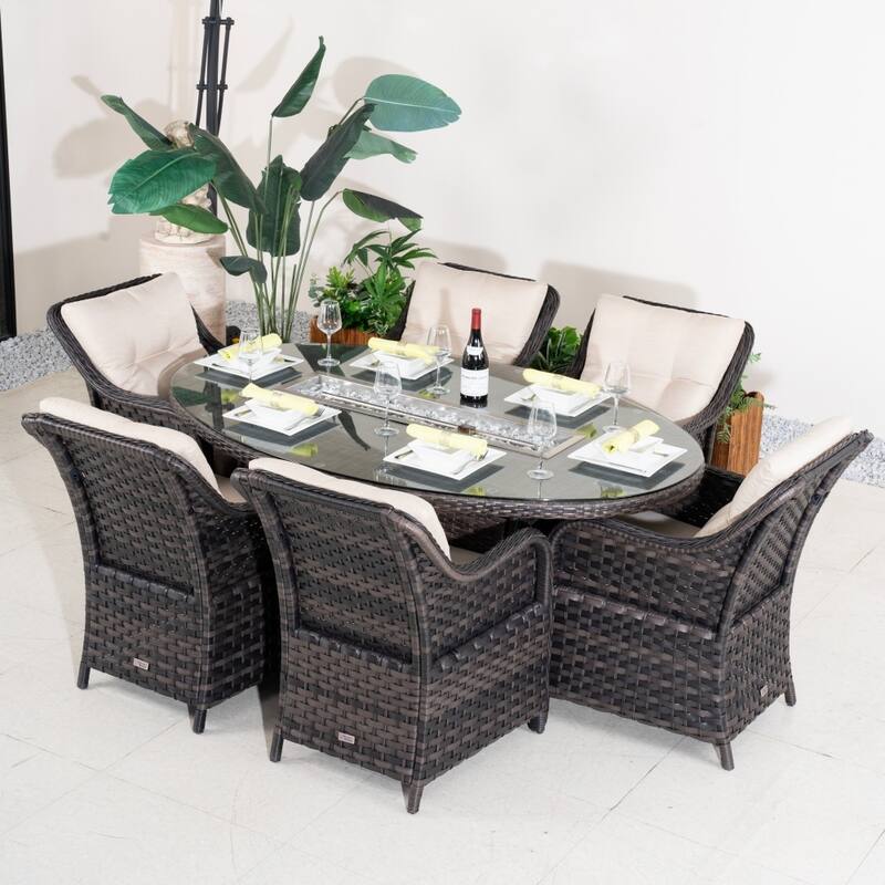 Modern Outdoor Wicker Patio Furniture Set with Oval Fire Pit Table