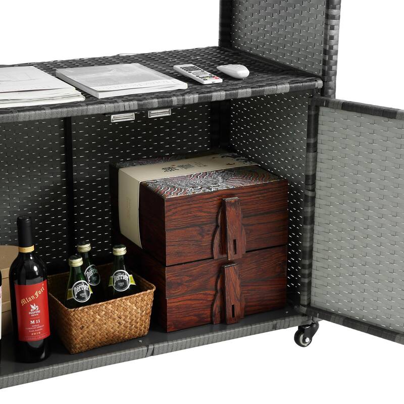 Outdoor Wicker Bar cart, Patio Wine Serving cart w/Wheels , Rolling Rattan Beverage Bar Counter Table w/Glass Top