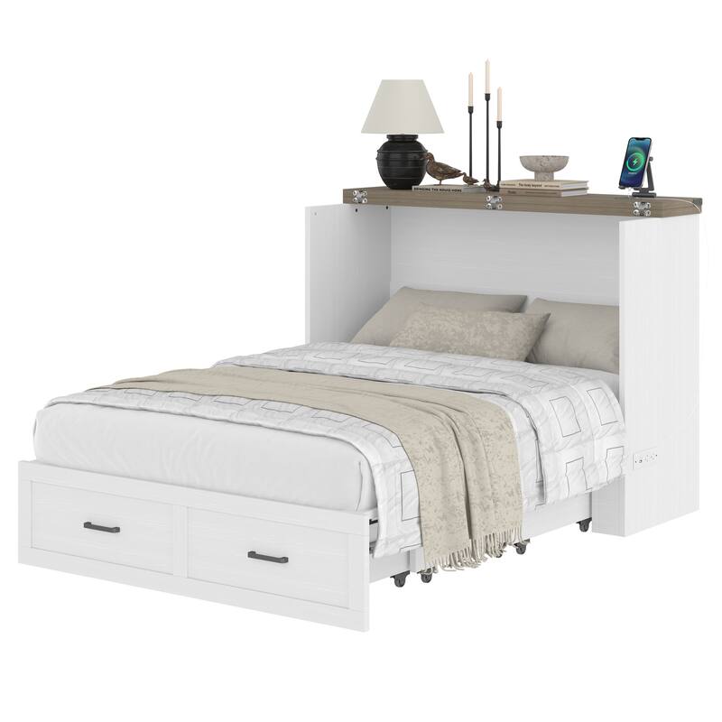 Queen/Full Size Murphy Cabinet Bed - Foldable Platform Bed with Charging Station & Large Storage Drawer