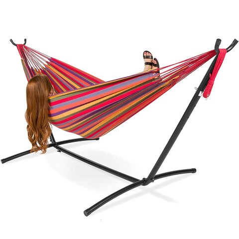 2-Person Brazilian-Style Cotton Double Hammock Bed with Carrying Bag, Steel Stand