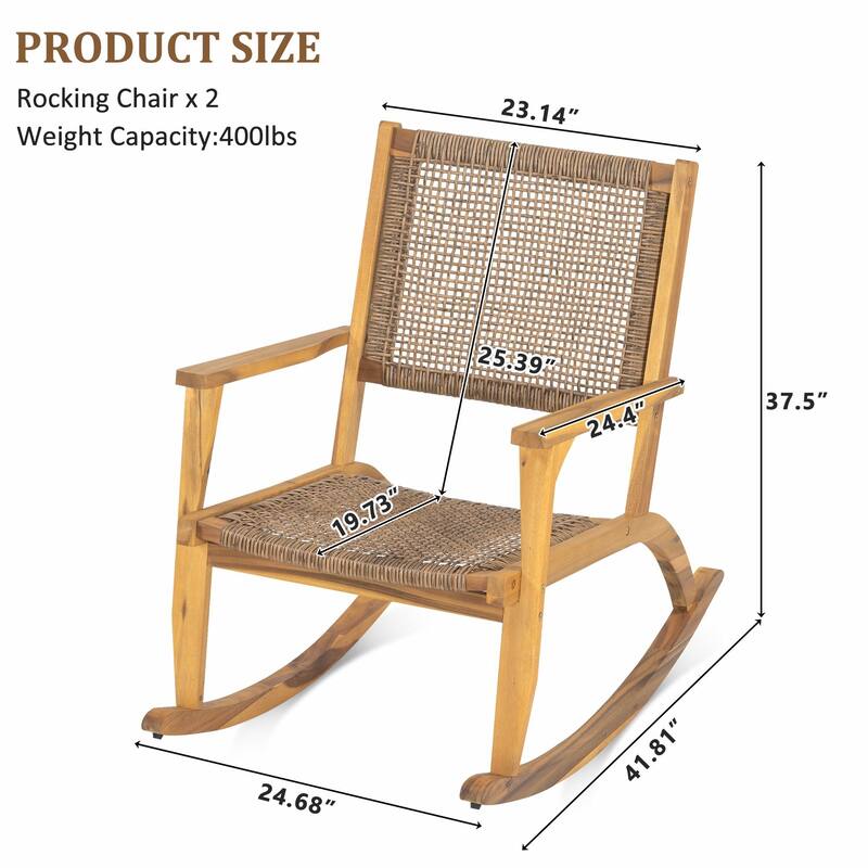 Outdoor Rocking Chair Set - 2 Acacia Wood Rockers with Wicker Rattan Seat & Backrest