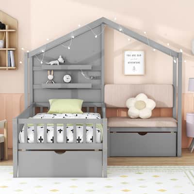 House Bed with Upholstered Sofa, House Bed with Charging Station, Wireless Charging, Shelves and Two Drawers