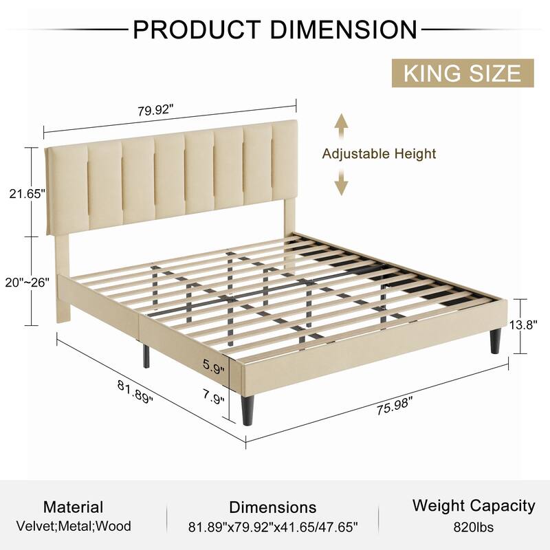 Javlergo Adjustable Height King Bed Upholstered Platform Bed 7.9" Underbed Storage No Box Spring Required Center Support Leg