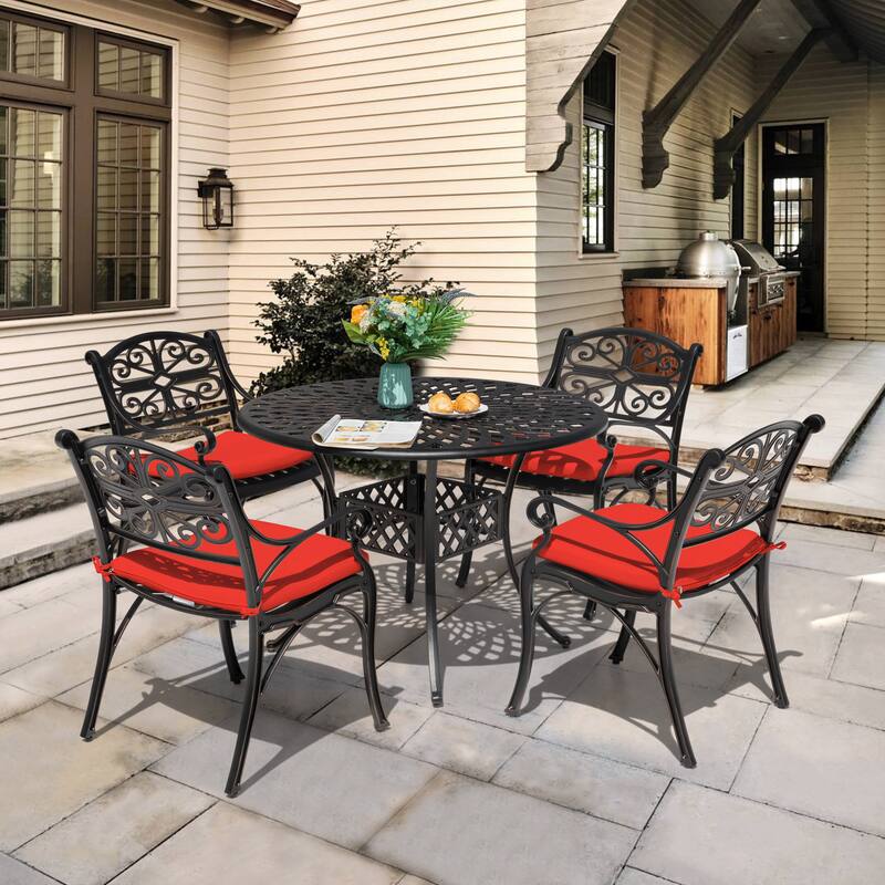 Patio 5 Pieces Cast Aluminum Dining Set with Umbrella Hole and Cushions