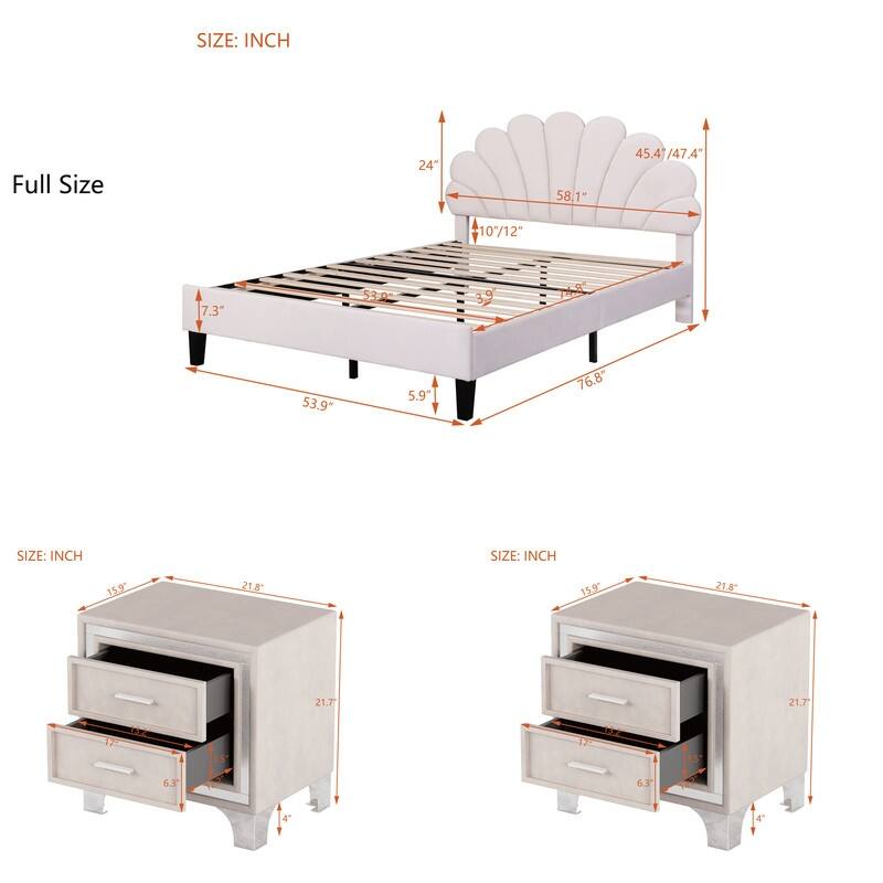 3-Pieces Bedroom Sets, Upholstered Platform Bed with Flower Pattern Velvet Headboard ,and Two Nightstands with 2 Drawers