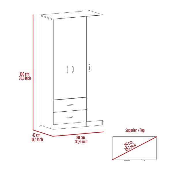dimension image slide 1 of 3, 35.4" Modern Three-door Armoire with Drawers, Shelves and Hanging Rod for Bedroom