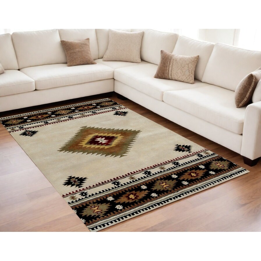 5' x 8' Ivory and Black Southwestern Hand Tufted Non Skid Area Rug 5' x 8' Ivory and Black Southwestern Hand Tufted Non Skid Area Rug