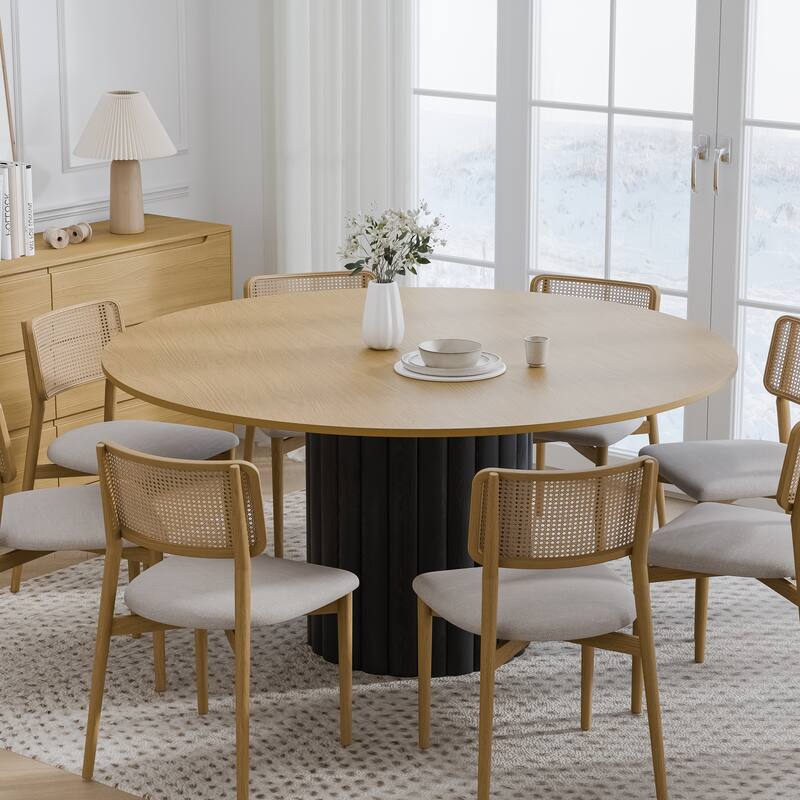 Solid Wood Round Dining Table Kitchen Table with Tabletop & Textured Cylindrical Base - 60 in.W x 30 in.H - Natural+Black
