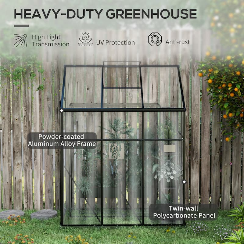 Outsunny 6' x 4' Lean-to Polycarbonate Greenhouse, Walk-in Hobby Green House with Sliding Door, 5-Level Roof Vent, Rain Gutter