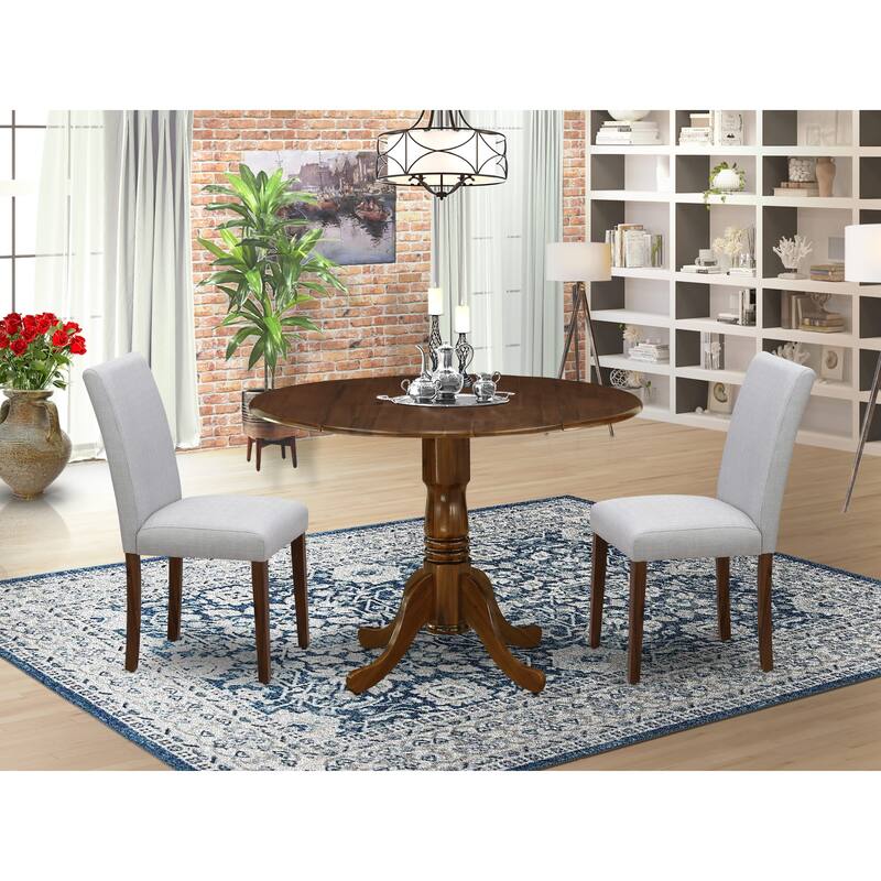 East West Furniture Dining Table Set- a Round Dining Table and Upholstered Chairs, Antique Walnut(Pieces Options)