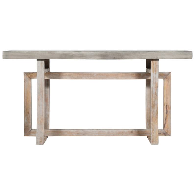 59 Inch Artisan Crafted Farmhouse Console Table with Geometric Interlocked Base, Rustic Light Brown - Brown