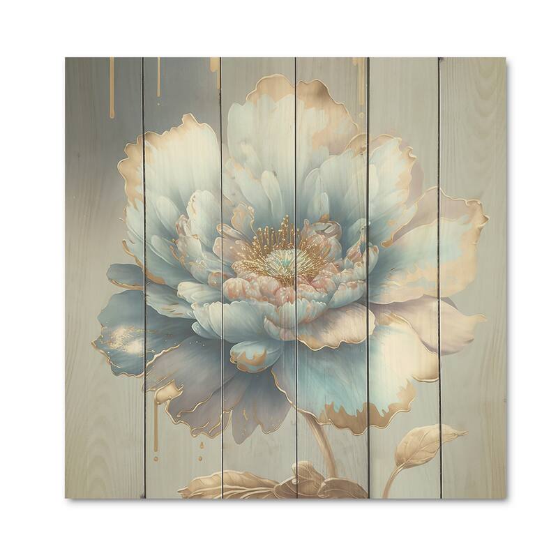 Designart 'Chic Blue Blooming Flower IV' Floral Wood Wall Art - Natural Pine Wood