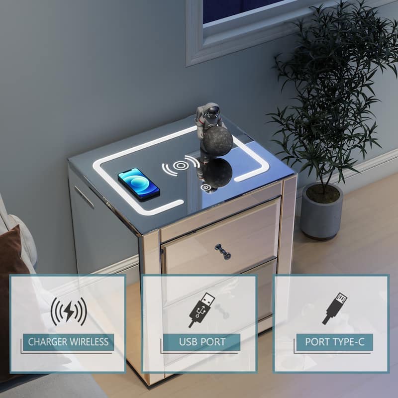 Nightstand Mirror Glass Top with Wireless Charging Station LED Light