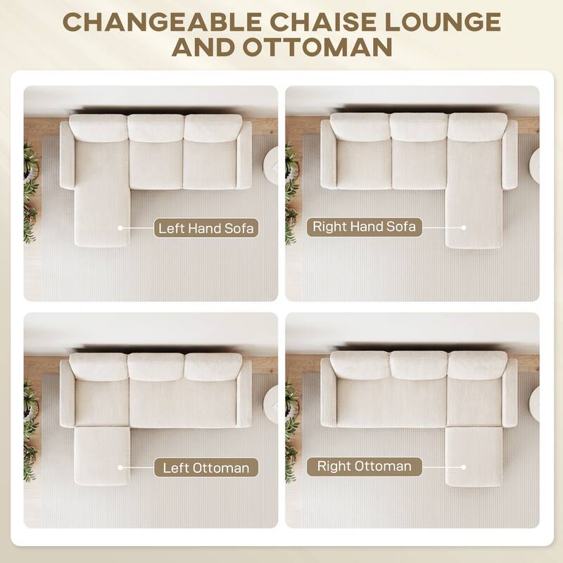 HOMCOM 73" Corduroy L-Shaped Sectional Sofa, Reversible Chaise/Ottoman, 2200lb