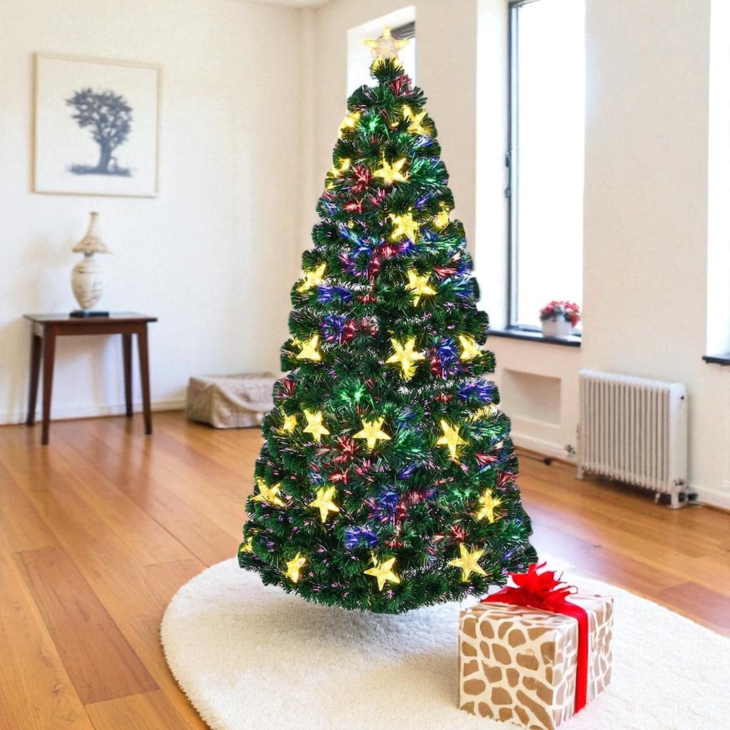 6FT/7FT Pre-Lit Fiber Optic Christmas Tree with Color Changing Lights, Stars and Metal Stand