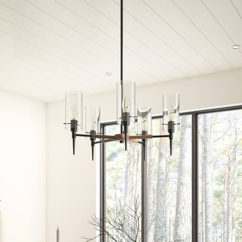Farmhouse Rustic 5-Light Over Table Chandelier with Clear Glass Shades - Black