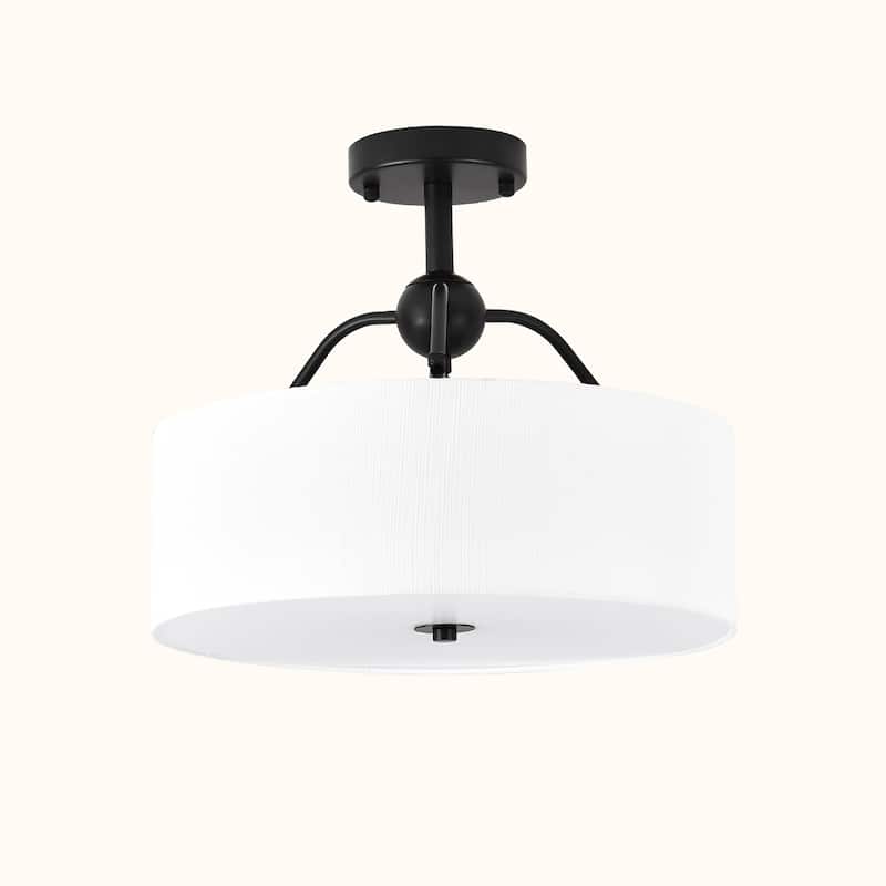 3-Light Modern Fabric Drum - Shaped Semi Flush Mount Ceiling Light - Matte Black