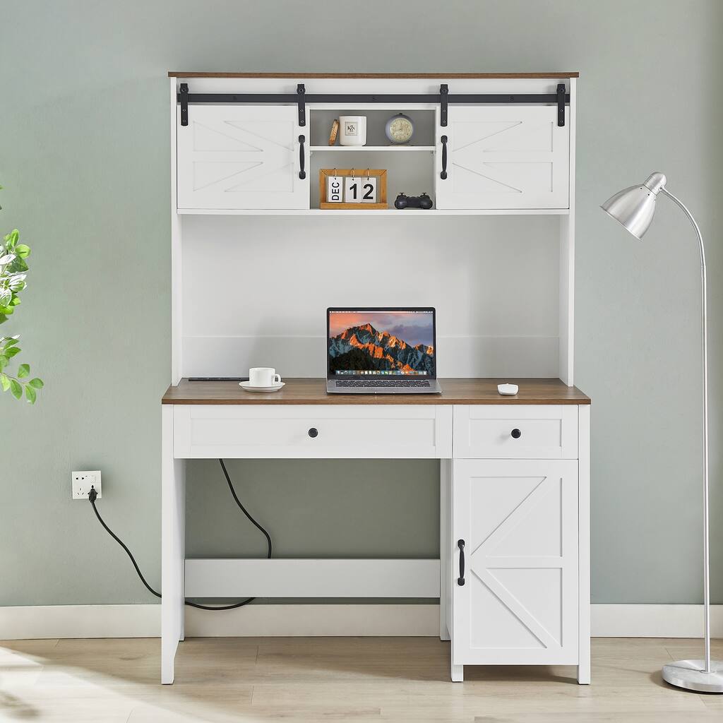 Rustic Farmhouse Computer Desk with Charging Hub, File Drawer, Storage Cabinet, and Open Shelves for Office