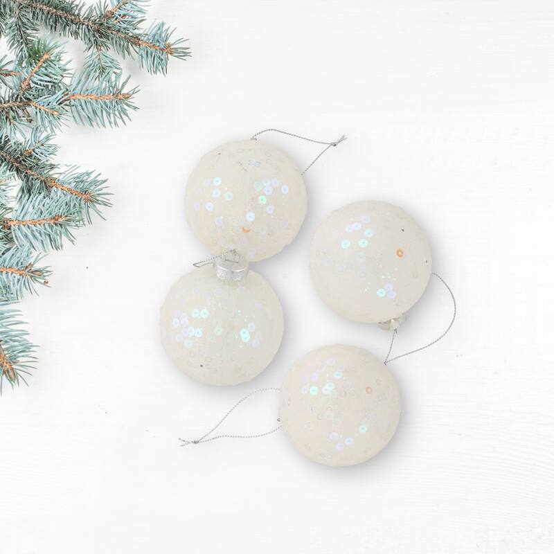 Frosted Sequined Christmas Ball Glass Ornaments - 2.75" (70mm) - White - 4ct