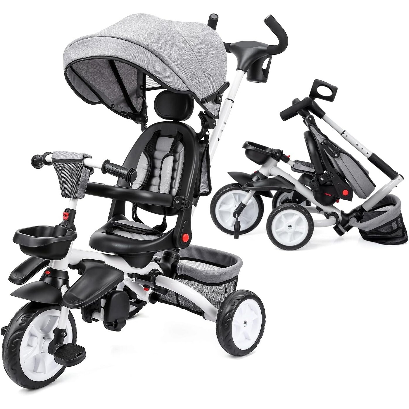 Foldable Baby Tricycle for Kids 7 in 1 Toddler Tricycle Stroller for 1 5 Year Old Baby Trike with Safety Harness Grey