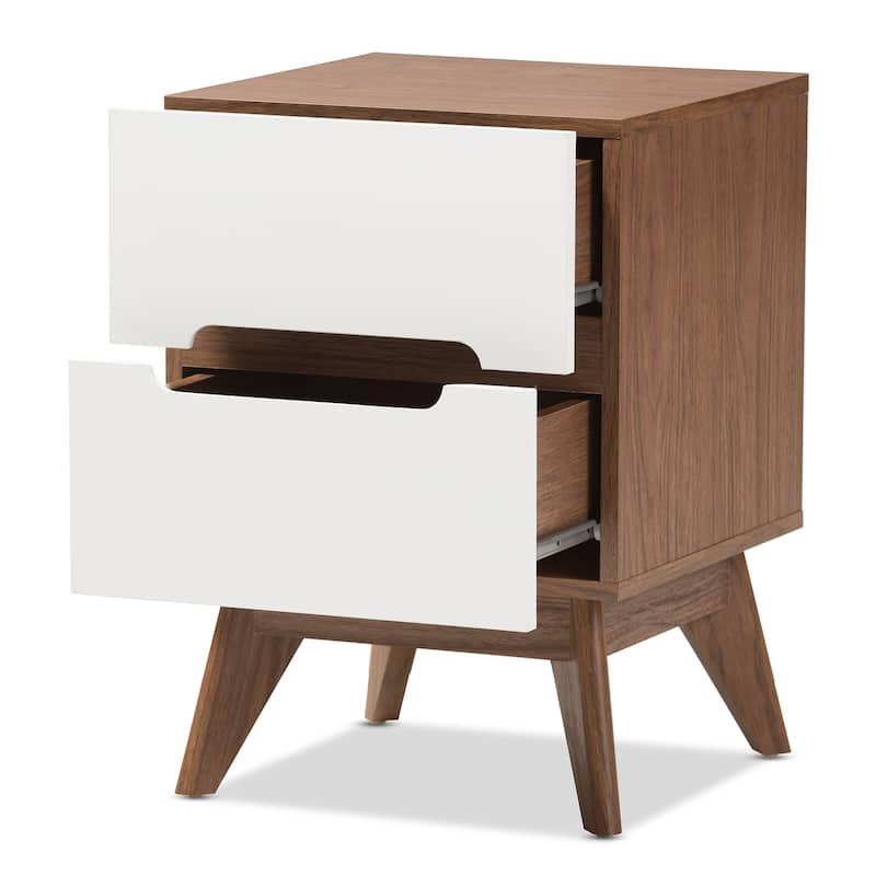 Modern 3 Drawer Nightstand - Cool White & Walnut Wood Bedside Table for Bedroom Storage