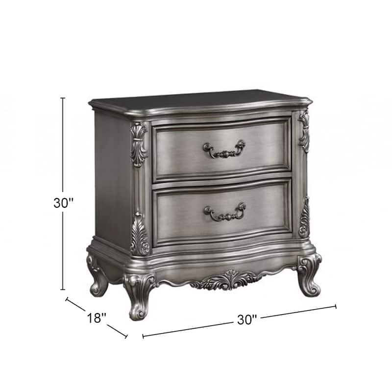 Wooden Nightstand with 2 Drawers in Antique Platinum Finish