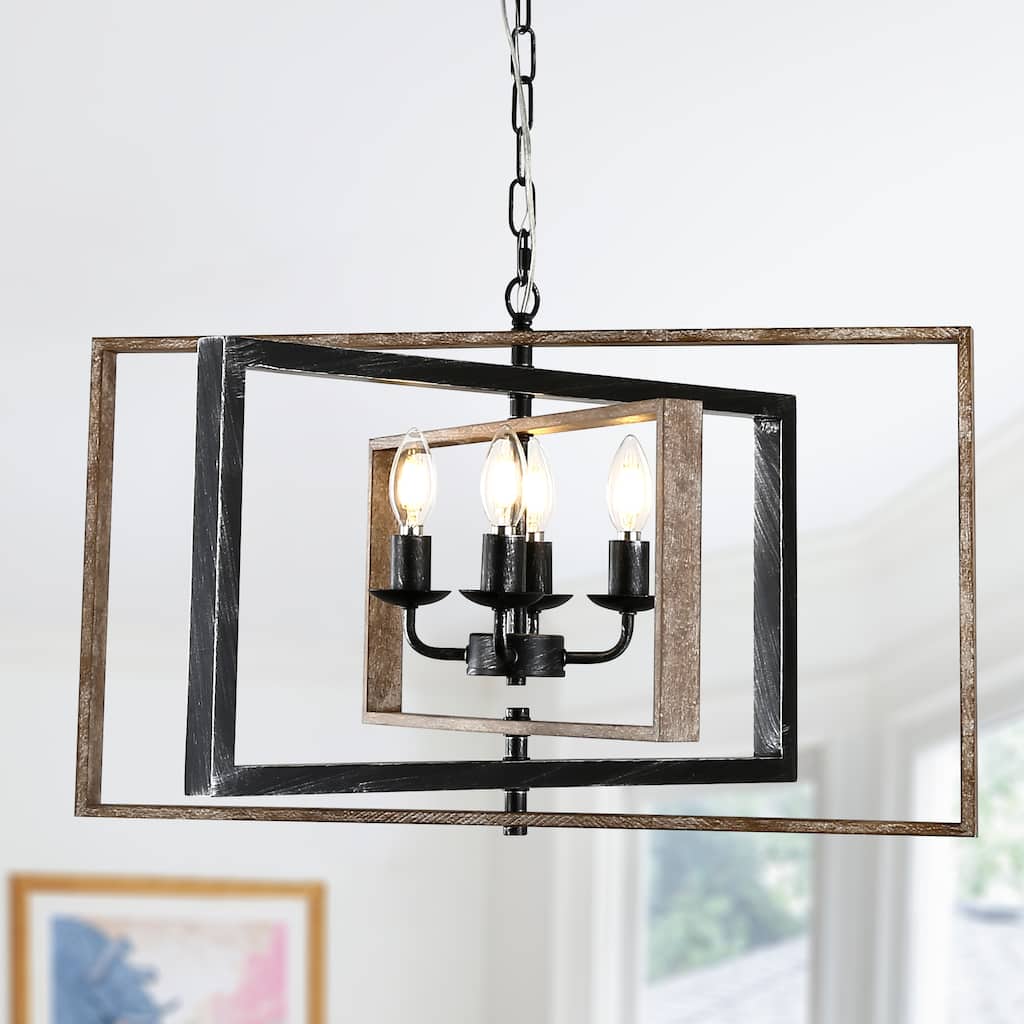 CurveCurio 24" Antique Burshed Matte Black Metal Chandelier with Wood Accents, 4 Lights with 70" Adjustable Hanging Chain