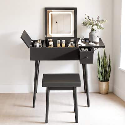 Black Makeup Vanity Table with Fold-Up Mirror, LED Light, USB Ports, Drawers & Cushioned Stool - 27.9'' Wide