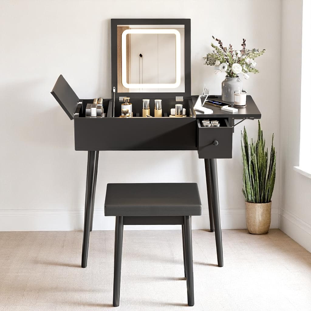 Black Makeup Vanity Table with Fold-Up Mirror, LED Light, USB Ports, Drawers & Cushioned Stool - 27.9'' Wide