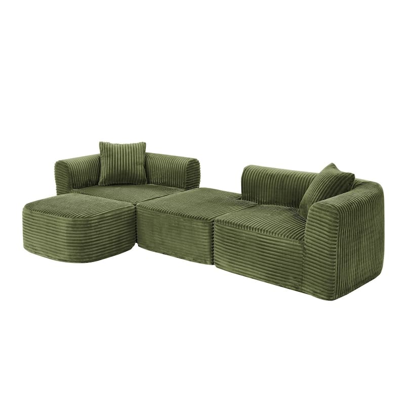 114" Modern Corduroy Modular Sofa with Movable Ottoman for Living Room
