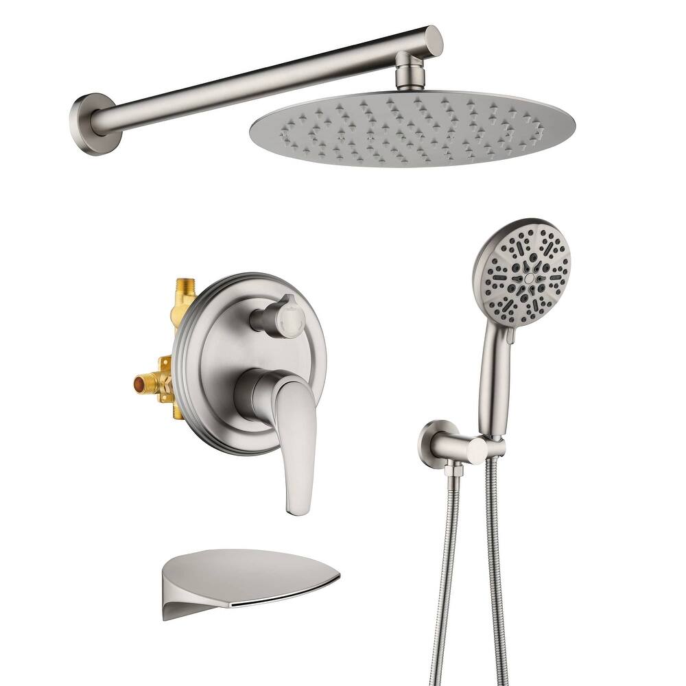 Wall Mount Tub Shower Faucet With Hand Shower Rainfall Shower System Set With Tub Spout Pressure Balance 10 Inch Shower Head Set