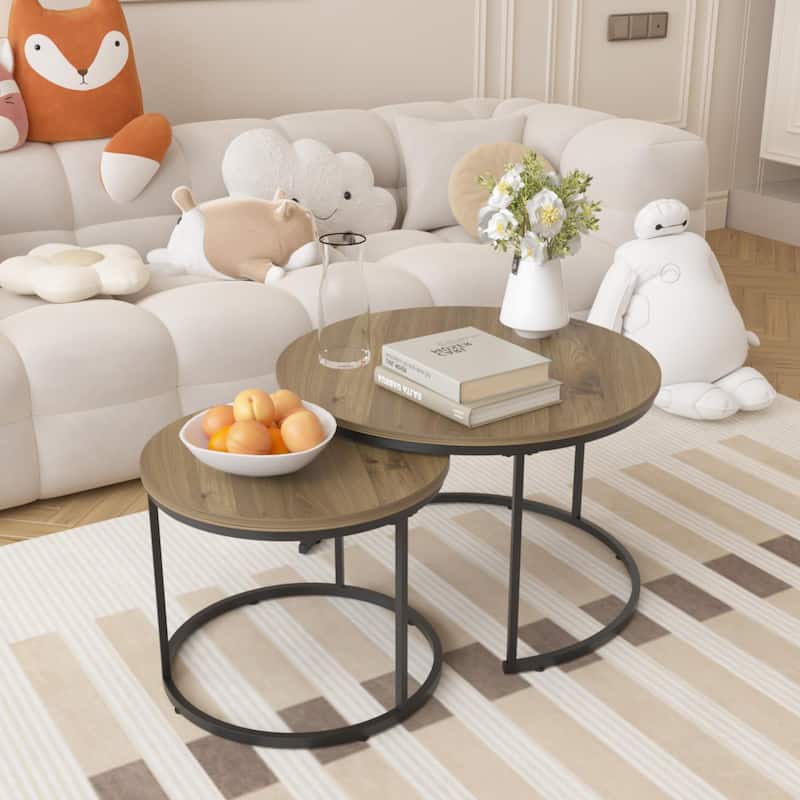 Modern Nesting Coffee Table Round Coffee Table Side Table, 2-Piece Set with Base, for Living Room, Brown