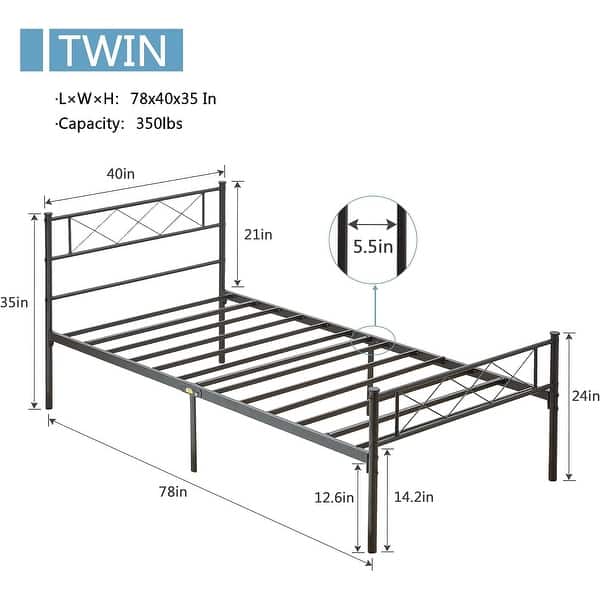 dimension image slide 4 of 6, VECELO 14 Inch Twin Size Metal Platform Bed Frame,Kids Bed Set of 2, Bed Frame Set of 2