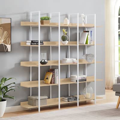 5 Tier Bookcase Home Office Open Bookshelf, Vintage Industrial Style Shelf, MDF Board, White Metal Frame
