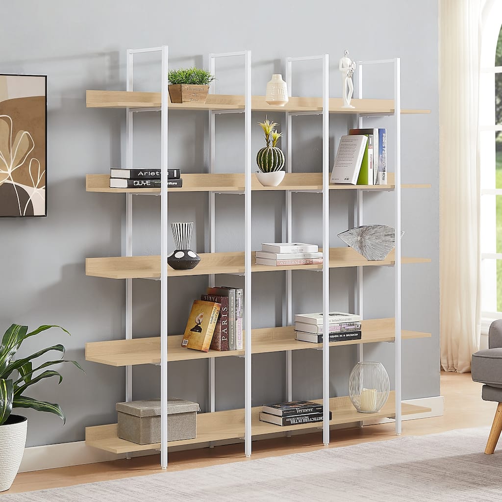 5 Tier Bookcase Home Office Open Bookshelf, Vintage Industrial Style Shelf, MDF Board, White Metal Frame