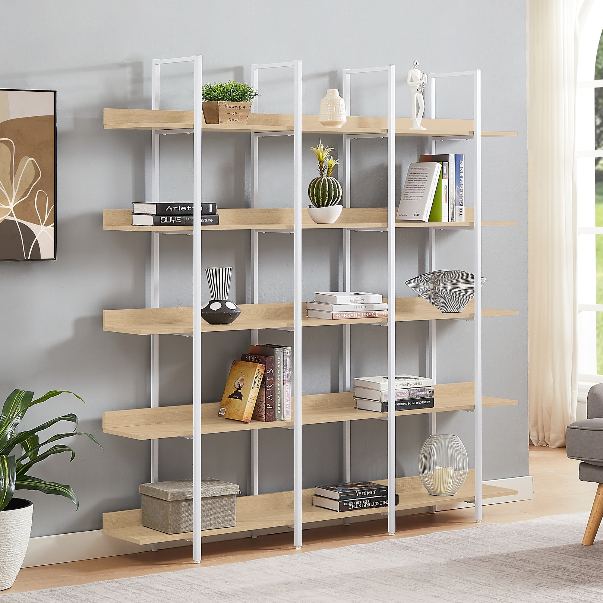 5 Tier Bookcase Home Office Open Bookshelf, Vintage Industrial Style Shelf, MDF Board, White Metal Frame